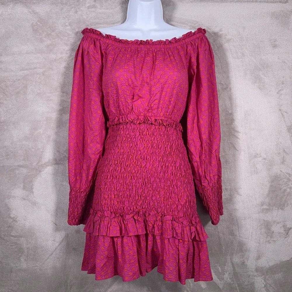 Alexis Marilena Smocked Dress Womens Small Pink Polka Dot Off Shoulder